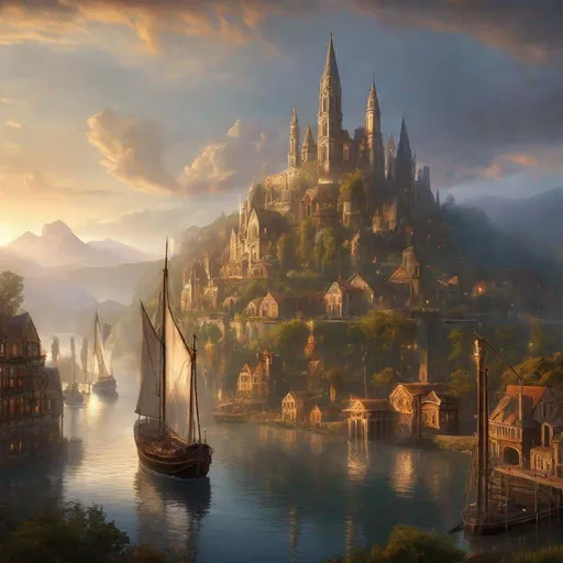 Prompt: Fantasy concept art of a large city at the head waters of a river, docked ships, towering majestic architecture, mystical atmosphere, enchanting light effects, high quality, fantasy, detailed cityscape, riverside, majestic ships, mystical ambiance, enchanting lighting