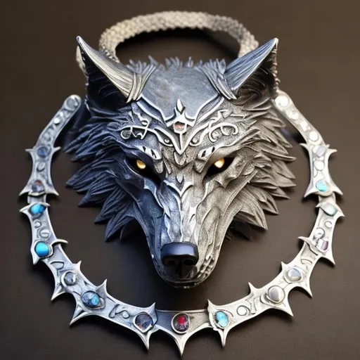 Prompt: wolf head collar made of moon stone, armored, dnd setting