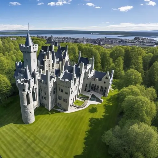 Prompt: castle Celtic architecture, multiple levels, curtain wall, circular, panoramic view, highly detailed, natural lighting, built on a bluff overlooking a river