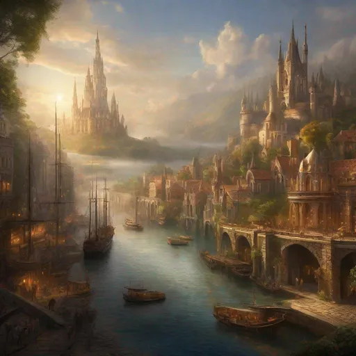 Prompt: Fantasy concept art of a large city at the head waters of a river, docked ships, towering majestic architecture, mystical atmosphere, enchanting light effects, high quality, fantasy, detailed cityscape, riverside, majestic ships, mystical ambiance, enchanting lighting, panoramic view, natural light
