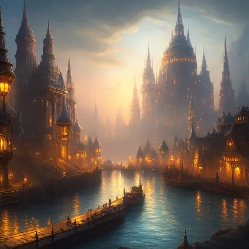 Prompt: Fantasy concept art of a large city at the head waters of a river, docked ships, towering majestic architecture, mystical atmosphere, enchanting light effects, high quality, fantasy, detailed cityscape, riverside, majestic ships, mystical ambiance, enchanting lighting