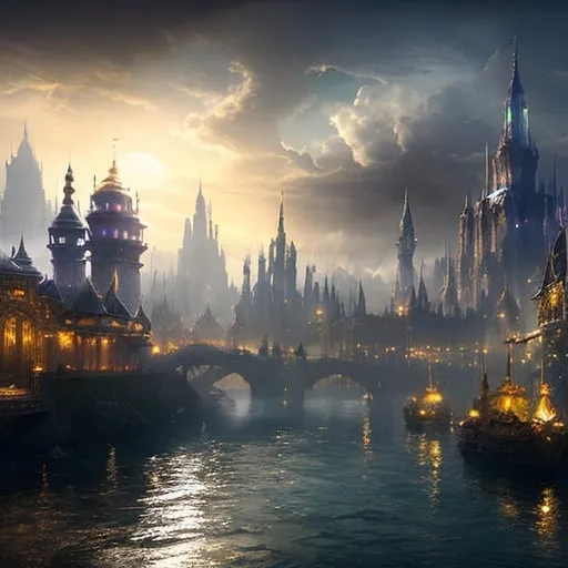 Prompt: Fantasy concept art of a large city at the head waters of a river, docked ships, towering majestic architecture, mystical atmosphere, enchanting light effects, high quality, fantasy, detailed cityscape, riverside, majestic ships, mystical ambiance, enchanting lighting, panoramic view, natural light
