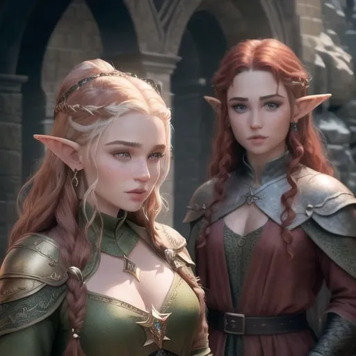 Prompt: high-resolution, Headshot, Realistic, Young adult, Pretty Elf woman, light freckles dark red hair, Gold earrings, face tattoo, green robe with chain mail, mage, witch, Wizard, Elf, Elven, High Fae, Fae, 4k, 128k UHD HDR, High quality, Concept art style, Video game style, perfect eyes, perfect face, Lord of the rings, Game of thrones, World of war craft, high resolution eyes