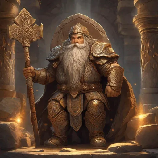 Prompt: Dwarf god of the deep earth, fantasy concept art, ancient stone temple, mystical glowing runes, epic beard and braided hair, majestic hammer, earthy color palette, cinematic lighting, high fantasy, detailed armor and intricate engravings, divine aura, mythical, godlike, powerful presence, highres, ultra-detailed, fantasy, epic beard, earthy tones, mystical runes, cinematic lighting