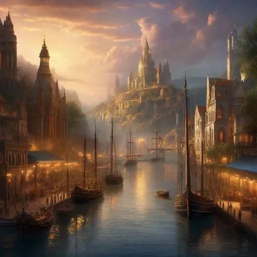 Prompt: Fantasy concept art of a large city at the head waters of a river, docked ships, towering majestic architecture, mystical atmosphere, enchanting light effects, high quality, fantasy, detailed cityscape, riverside, majestic ships, mystical ambiance, enchanting lighting