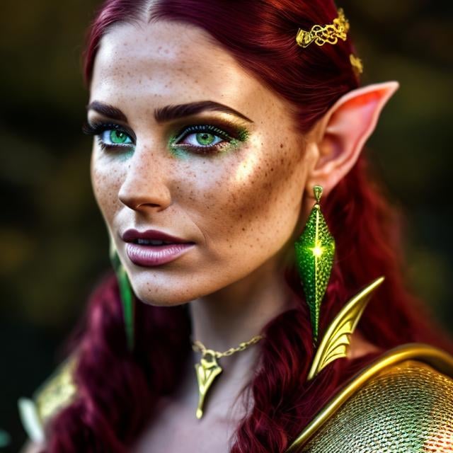 Prompt: high-resolution, Headshot, Realistic, Young adult, Pretty Elf woman, light freckles dark red hair, Gold earrings, face tattoo, green robe with chain mail, mage, witch, Wizard, Elf, Elven, High Fae, Fae, 4k, 128k UHD HDR, High quality, Concept art style, Video game style, perfect eyes, perfect face, Lord of the rings, Game of thrones, World of war craft, high resolution eyes