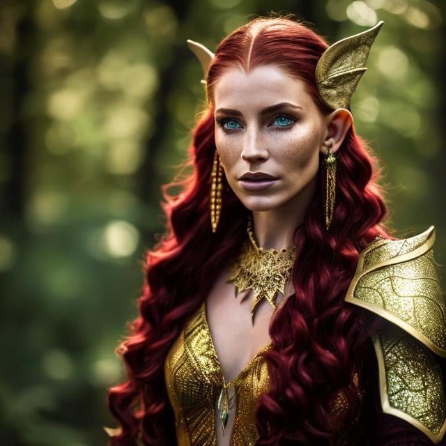 Prompt: high-resolution, Headshot, Realistic, Young adult, Pretty Elf woman, light freckles dark red hair, Gold earrings, face tattoo, green robe with chain mail, mage, witch, Wizard, Elf, Elven, High Fae, Fae, 4k, 128k UHD HDR, High quality, Concept art style, Video game style, perfect eyes, perfect face, Lord of the rings, Game of thrones, World of war craft, high resolution eyes