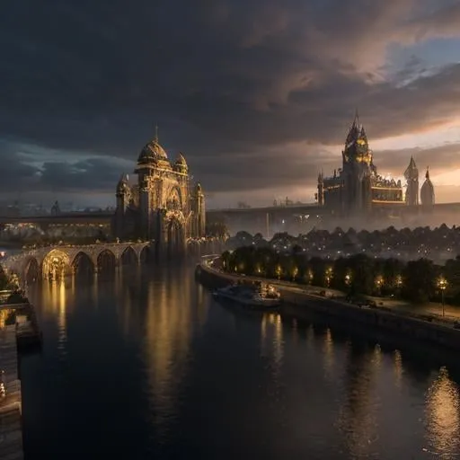 Prompt: Fantasy concept art of a large city at the head waters of a river, docked ships, towering majestic architecture, mystical atmosphere, enchanting light effects, high quality, fantasy, detailed cityscape, riverside, majestic ships, mystical ambiance, enchanting lighting, panoramic view