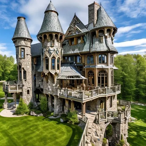 Prompt: castle Celtic architecture, multiple levels, curtain wall, circular, panoramic view, highly detailed, natural lighting, built on a bluff overlooking a river