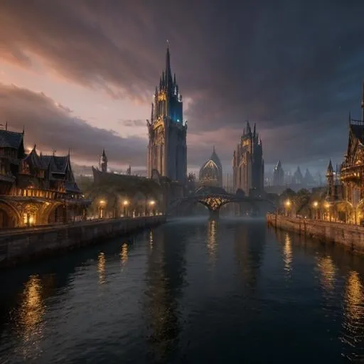 Prompt: Fantasy concept art of a large city at the head waters of a river, docked ships, towering majestic architecture, mystical atmosphere, enchanting light effects, high quality, fantasy, detailed cityscape, riverside, majestic ships, mystical ambiance, enchanting lighting, panoramic view, natural light
