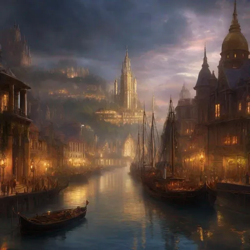 Prompt: Fantasy concept art of a large city at the head waters of a river, docked ships, towering majestic architecture, mystical atmosphere, enchanting light effects, high quality, fantasy, detailed cityscape, riverside, majestic ships, mystical ambiance, enchanting lighting
