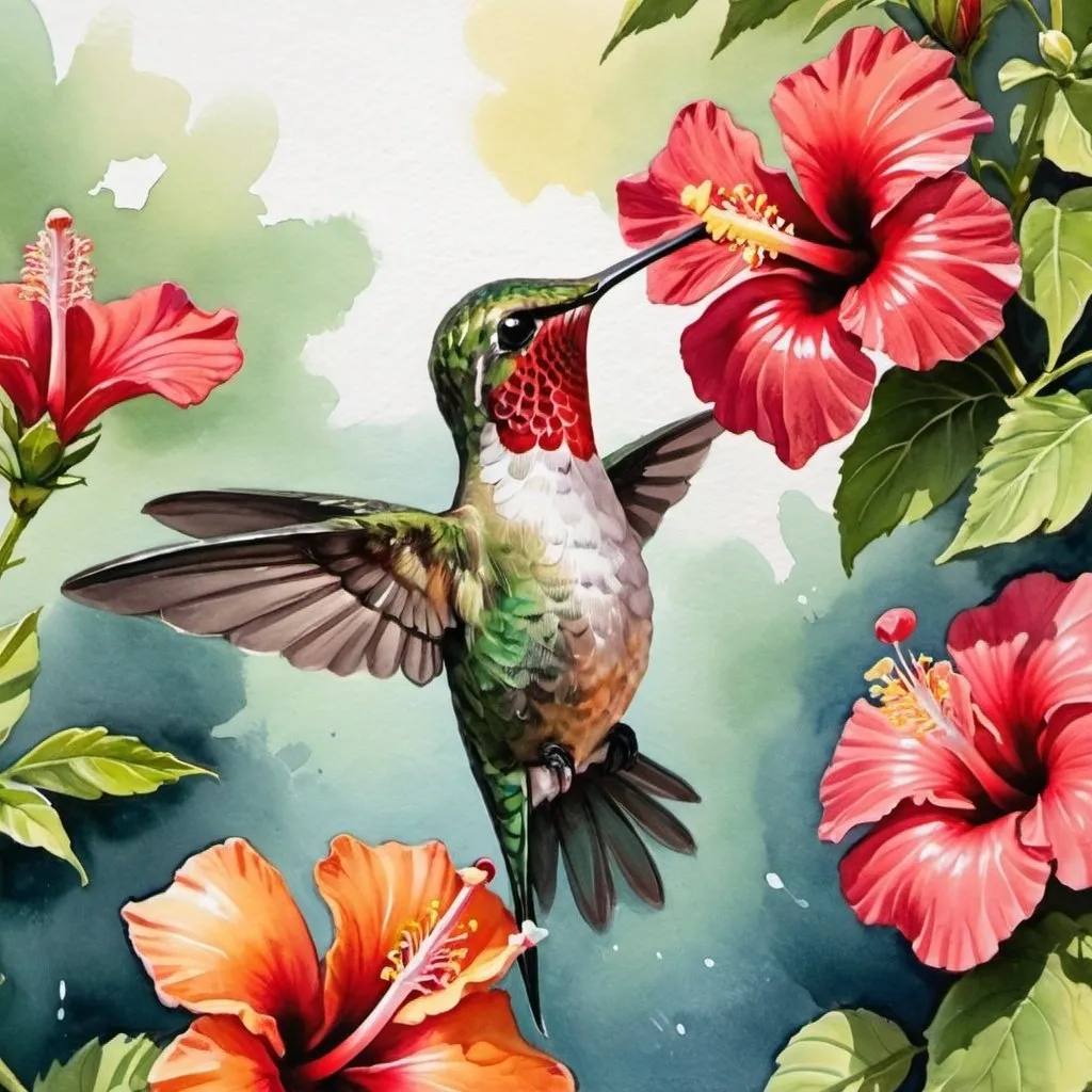 Prompt: Humming Bird taking necter from the hibiscus flowers in gouache watercolor