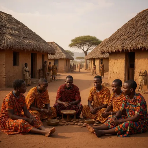 Prompt: Make an Africa village , where the people show respect and cultural values with traditions, following a elder that is ppointing them in the right direction