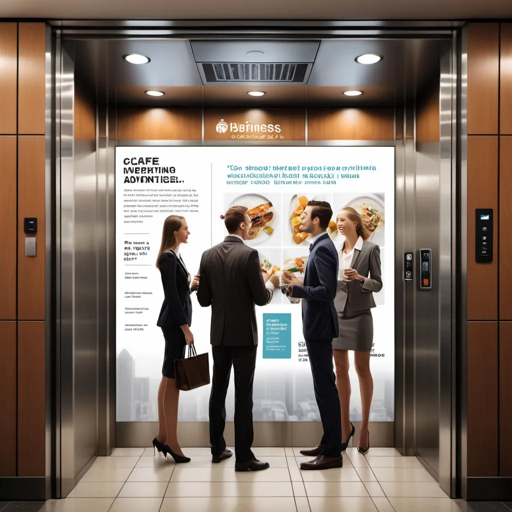 Prompt: Create an image for a business blog post that talks about elevator and lobby screen advertising in office buildings and apartment complexes. For this image, show a group of business people (both men and women) in an elevator that has a screen featuring an ad for a cafe lunch special along with a weather update.