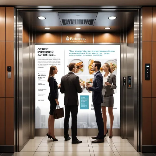 Prompt: Create an image for a business blog post that talks about elevator and lobby screen advertising in office buildings and apartment complexes. For this image, show a group of business people (both men and women) in an elevator that has a screen featuring an ad for a cafe lunch special along with a weather update.