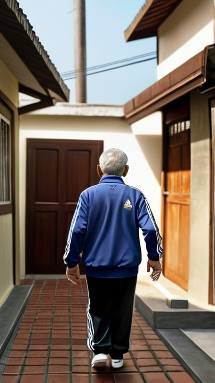 Prompt: Realistic illustration of an Indonesian elderly man in Adidas tracksuit walking at the end of an alley, front door of the house, detailed Indonesian features, natural lighting, high-res, ultra-detailed, realistic, traditional neighborhood, detailed wrinkles, focused expression, classic Adidas tracksuit, local atmosphere, warm tones, serene ambiance