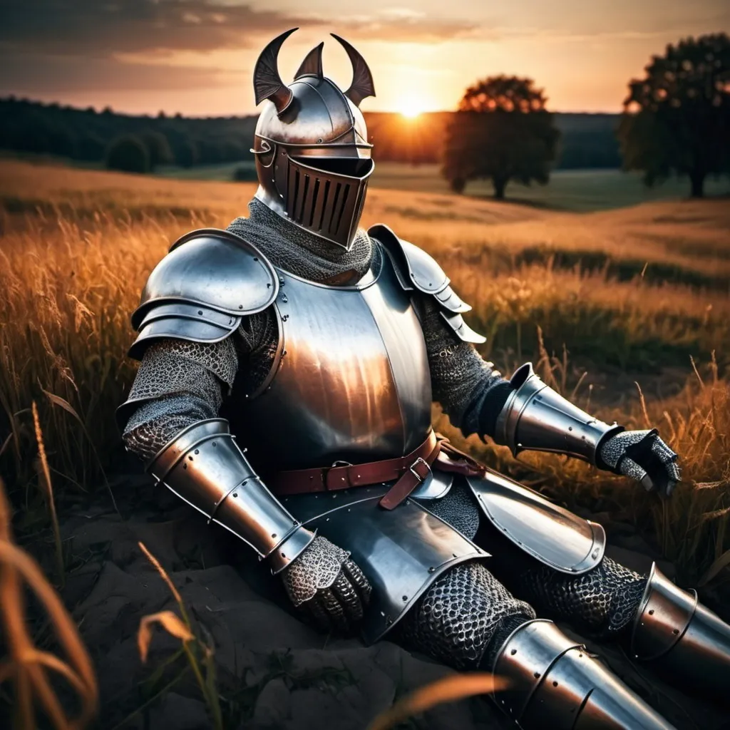 Prompt: Knight laying in a field on sunset in dark fantasy style