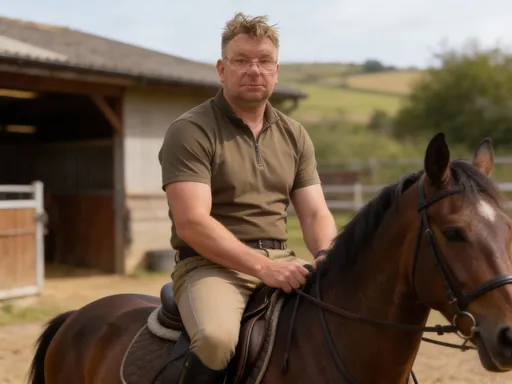 Prompt: @muZQetU8pW52prkYwlvK Ultra-realistic photorealistic character.
Adult male equestrian trainer sitting calmly on a horse.
Natural posture, confident but calm presence.
Serious, focused facial expression, no smile.
Natural skin texture, realistic facial proportions.
Wearing simple riding clothing in earthy tones.
Outdoor equestrian environment, natural stable or countryside background.
Lighting perfectly matches the environment, no studio light.
Shallow depth of field, documentary photography style.
Looks like a real person captured by a professional camera.
No stylization, no cinematic exaggeration, no AI look.