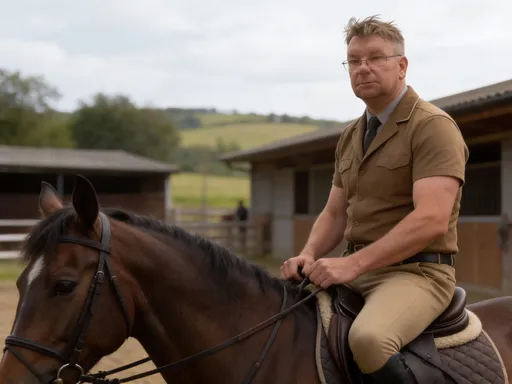 Prompt: @muZQetU8pW52prkYwlvK Ultra-realistic photorealistic character.
Adult male equestrian trainer sitting calmly on a horse.
Natural posture, confident but calm presence.
Serious, focused facial expression, no smile.
Natural skin texture, realistic facial proportions.
Wearing simple riding clothing in earthy tones.
Outdoor equestrian environment, natural stable or countryside background.
Lighting perfectly matches the environment, no studio light.
Shallow depth of field, documentary photography style.
Looks like a real person captured by a professional camera.
No stylization, no cinematic exaggeration, no AI look.