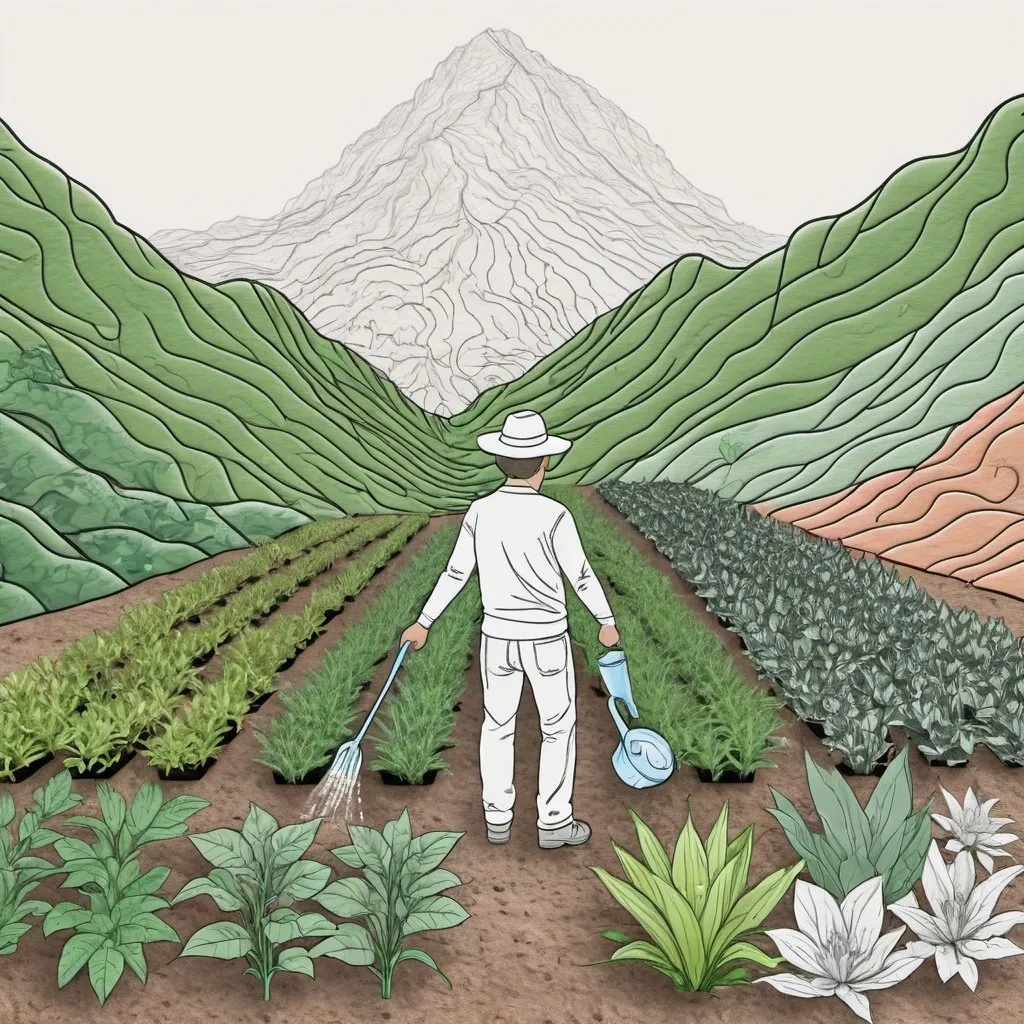 Prompt: create an animated person watering  8 different rows of contour lines of 8 different  plants with a mountain matching the picture 



