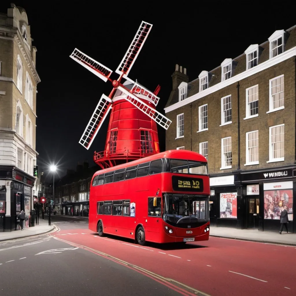 Prompt: London bus, red windmill, theatre