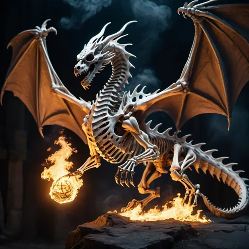 Prompt: A dragon skeleton, still alive and flying, breathes fire from within, dramatic lighting in a fantasy background