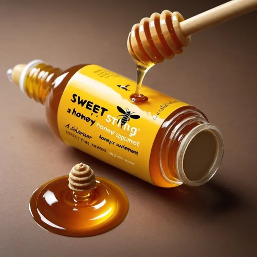 Prompt: Packaging is a syringe and it’s called. Sweet Sting a honey supplement.