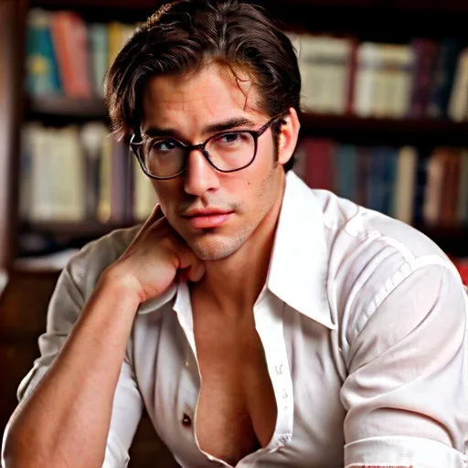 Prompt: romance author male author portrait  library  very attractive model type nerdy playboy wearing puffy shirt realistic
