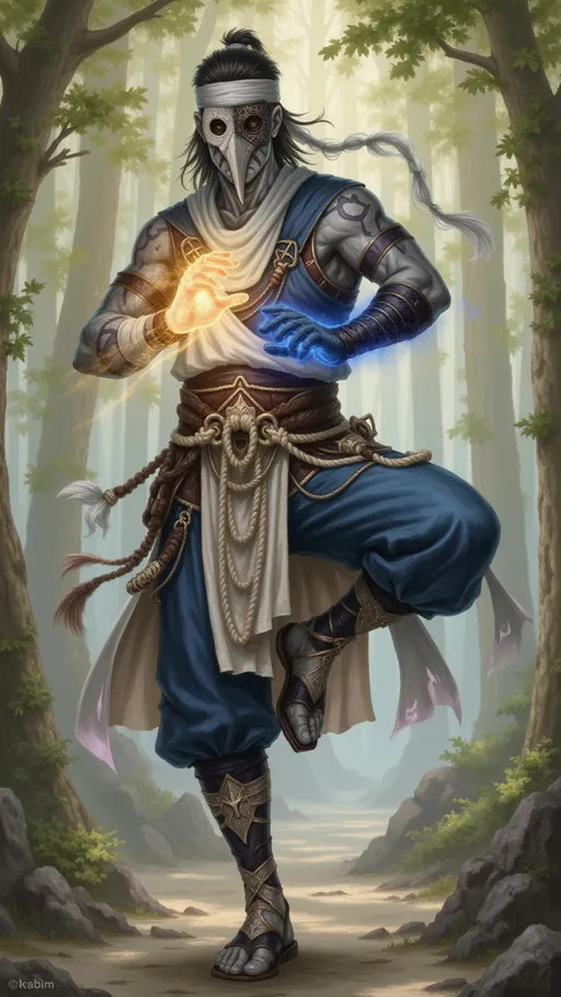 Prompt: @yNN2ZhcK6bojwMADB905  is in a tai chi stance standing on one leg. give him more ashen grey skin with tribal markings over his body. he has black hair, no mask