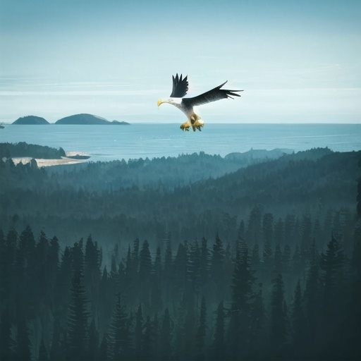 Prompt: An eagle is flying high over a redwood forest and descends as it reaches the coast and ocean.