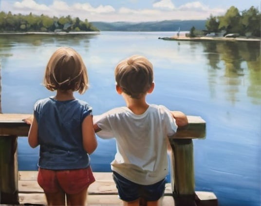 Prompt: Create a painting  of a little boy on a dock with his arm around his twin sister gazing out into the water