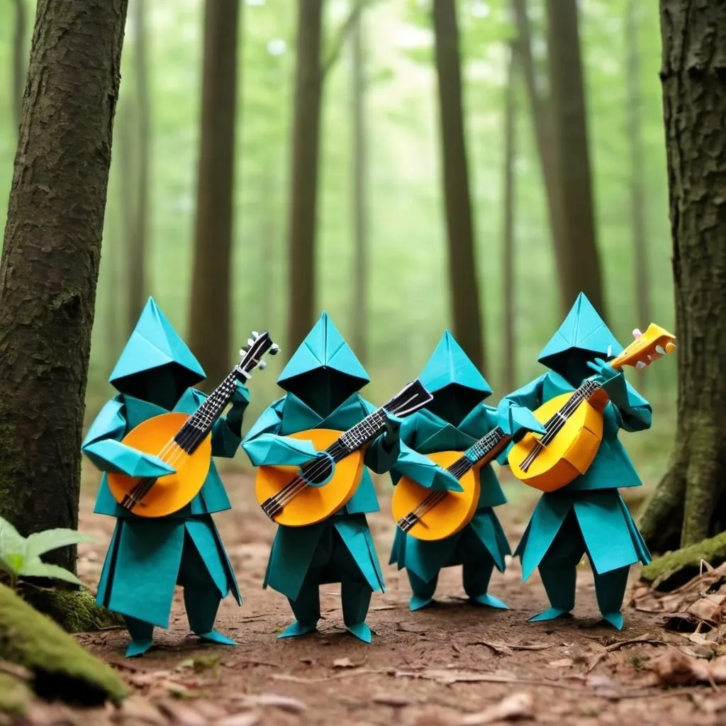 Prompt: a group of origami bards strolling the woods playing their mandolins
