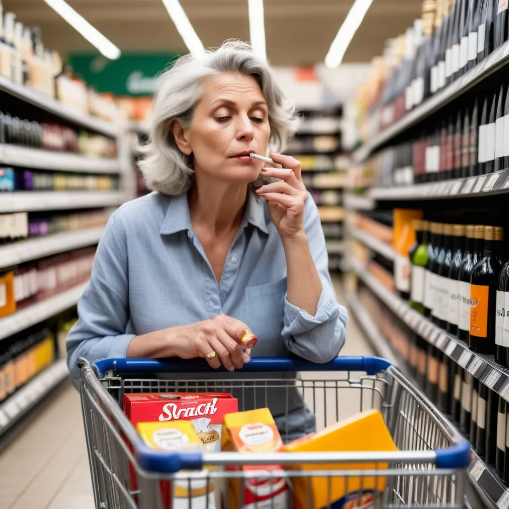 Prompt: Middle age woman smoking a cigarette while shopping wine aisle with a cart of canned cheese while thinking about scratch off cards
