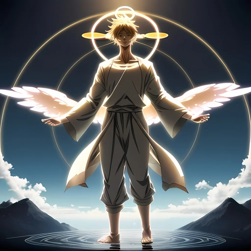 Prompt: A floating anime god with a giant halo behind his body