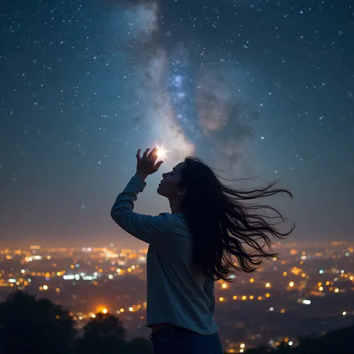 Prompt: A woman who stares at the galaxy above, amongst the wind blowing her hair to one side as she reaches up to grab a star, with a glowing city behind her