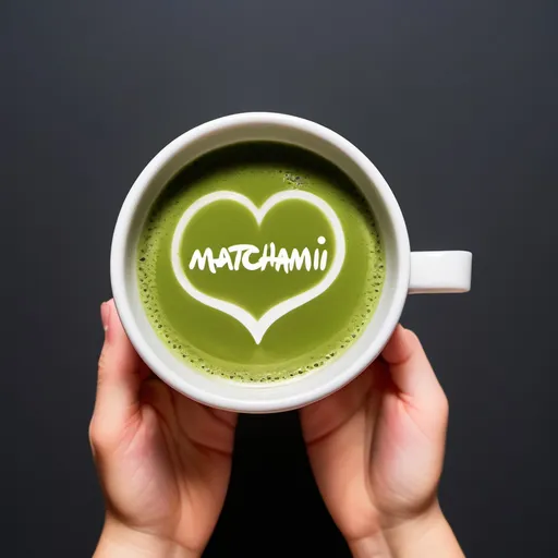 Prompt: Una tazza di te matcha con un cuore sopra la tazza e la scritta sotto del logo MATCHAMI