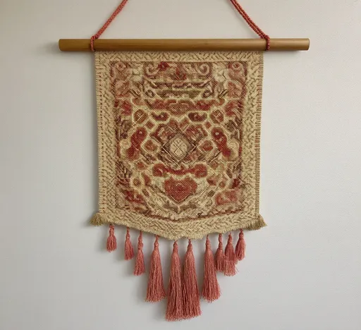 Prompt: Intricate wall hanging with tasseled pattern, wooden stick, inspired by Carol Bove, arts and crafts movement, elaborate cross stitch design, warm color tones, detailed textures, artistic craftsmanship, cozy atmosphere, delicate tassels adorning the sides, beautifully arranged composition, HD quality, inviting and artisanal feel, showcasing artistic heritage in textile design.