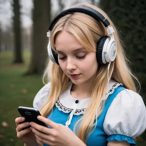 Prompt: Modern Alice in wonderland listening to music on headphones using smartphone