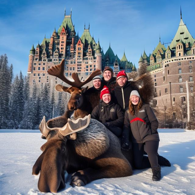 Prompt: A delighted quebecois sit on a impressively large moose in front of the iconic Château Frontenac, while surrounded by a serene winter wonderland and drinking a Tim Hortons cffee