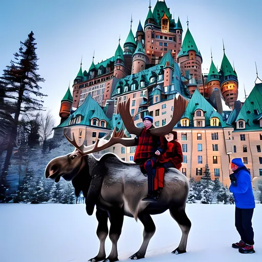 Prompt: A delighted quebecois sit on a impressively large moose in front of the iconic Château Frontenac, while surrounded by a serene winter wonderland