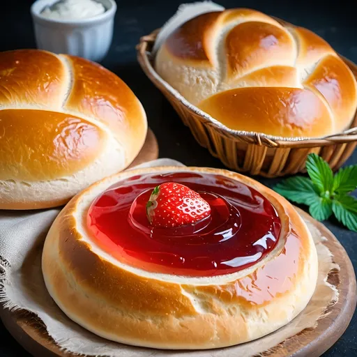 Prompt: Freshly Baked Turkmenistan Bread with strawberry jelly on the side