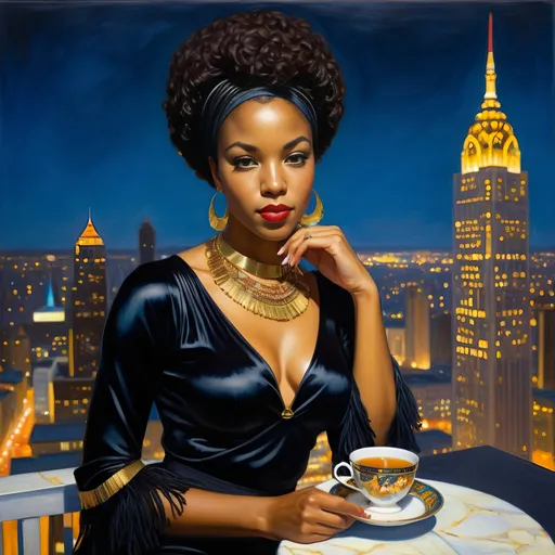 Prompt: Lovely, strong minded, short, very beautiful, educated, sapiosexual revolutionary american black panther activist 32year old  Woman queen rank drinking tea on a luxury skyscraper balcony at night with very shorter curly hair wearing a loose black shirt with african colors with tassels and black eyeliner and a bright gold thick necklace,painting by Mary Stevenson Cassatt
