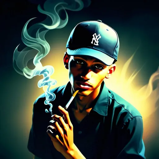 Prompt: , casquette, Anime illustration of a mysterious character, smoking a cigarette, manga style, detailed smoke, intense eyes, cool tones, moody lighting, high quality, anime, manga, detailed smoke, intense gaze, cool tones, moody lightin, casquette