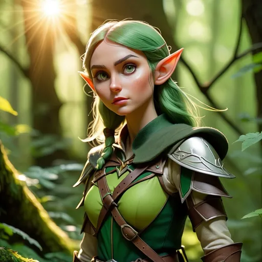 Prompt: Elf ranger in a mystical forest around sunlight