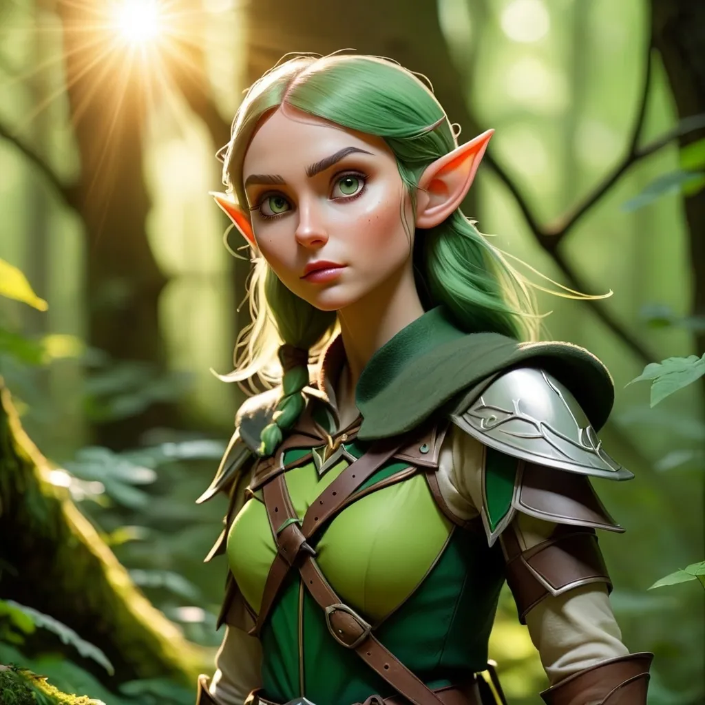 Prompt: Elf ranger in a mystical forest around sunlight