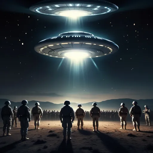 Prompt: Photorealistic scene of an unidentified flying object landing at night, classic flying saucer shape with bright flashes of light and energy emanating from beneath, several American soldiers in full uniforms observing and documenting the event, dark atmospheric backdrop with starry sky, tension in the air, highly detailed textures with dramatic shadows, ultra-detailed, high quality rendering, cinematic lighting effects.