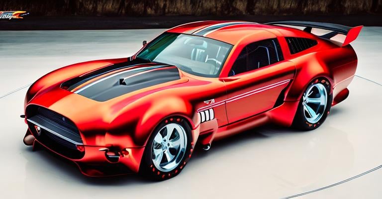 Prompt: futuristic 2045 ford cobra jet race car, sport utility, station wagon, 4x4, black paint job, orange sport stripes, whole front view, mix with a 2010 Subaru forester, see whole car, drag racer, drag race track, crazy futuristic, wide view, high rear spoiler, front windshield visor, huge hood scoop, blue anodized blower sticking out, pickup truck