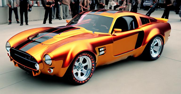 Prompt: futuristic 2045 ford cobra jet race car, sport utility, station wagon, 4x4, black paint job, orange sport stripes, whole front view, mix with a 2010 Subaru forester, see whole car, drag racer, drag race track, crazy futuristic, wide view, high rear spoiler, front windshield visor, huge hood scoop, blue anodized blower sticking out, pickup truck