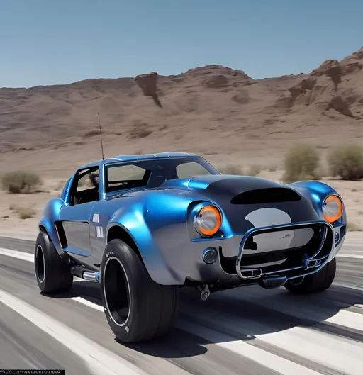 Prompt: futuristic 2045 ford cobra jet race car, sport utility, mix with ford bronco, 4x4, black paint job, orange sport stripes, whole front view, see whole car, drag racer, drag race track, crazy futuristic, wide view, front windshield visor, huge hood scoop, pickup truck, trees in background, rocky ground