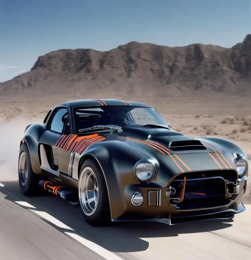 Prompt: futuristic 2045 ford cobra jet race car, sport utility, station wagon, 4x4, black paint job, orange sport stripes, whole front view, see whole car, drag racer, drag race track, crazy futuristic, wide view, front windshield visor, huge hood scoop, pickup truck, trees in background, rocky ground